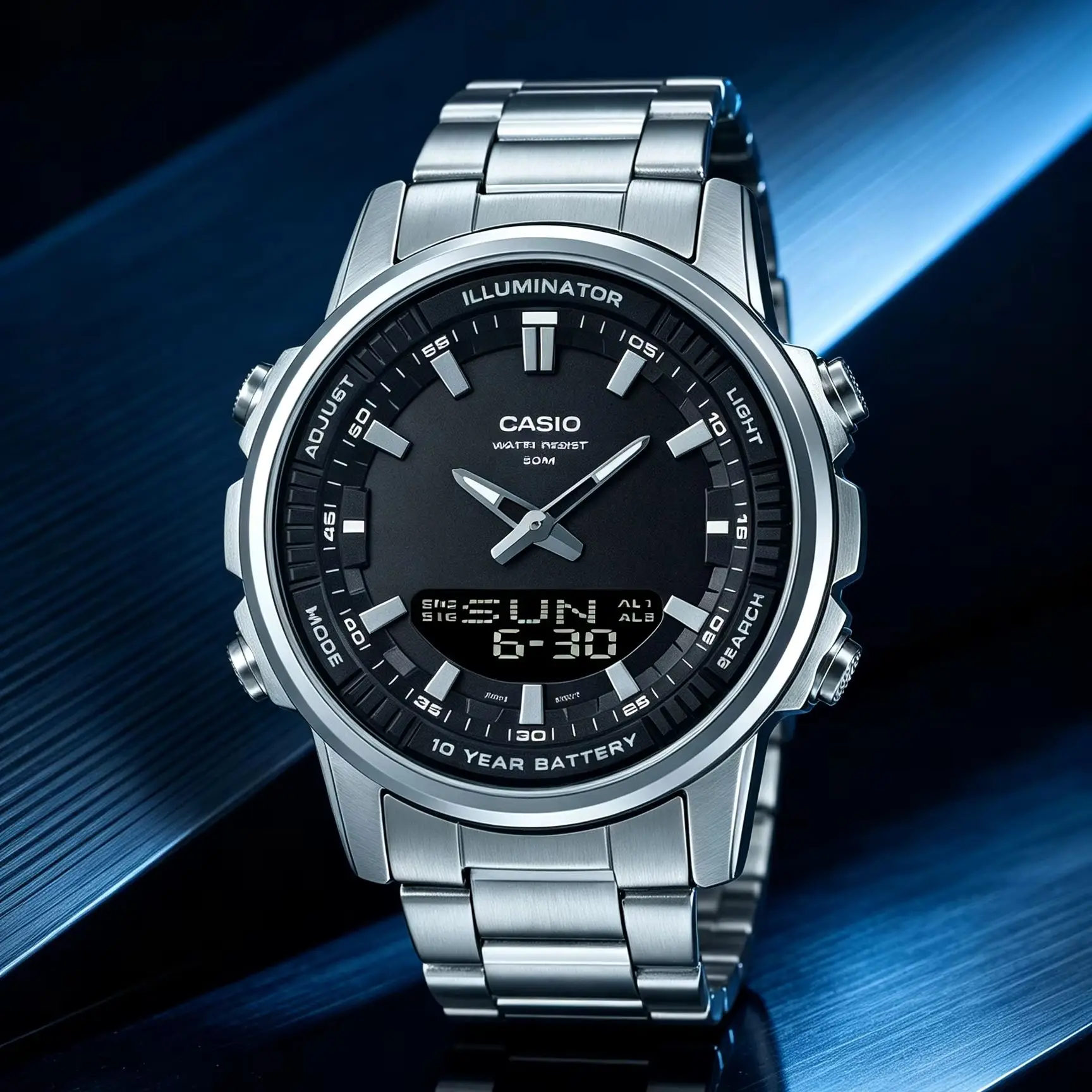 Casio AMW‑880D | Stainless Steel Men Watch | 50M Water Resistant | World Time Stopwatch Analog Digital Wristwatch