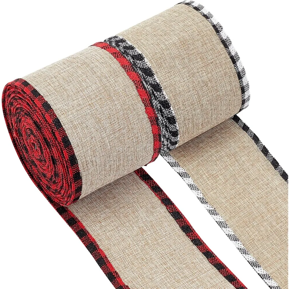 

2 Rolls 2.5" Wired Edge Ribbons Jute Burlap Buffalo Wired Edge Ribbons Fabric Craft Ribbon with Wire Edges Buffalo Plaid Ribbon