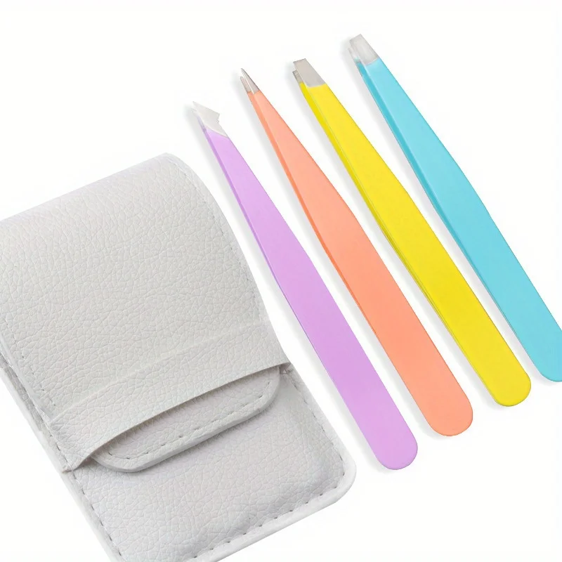 4-teiliges Augenbrauen-Pinzetten-Set, Farbige Schönheits-Haarentferner aus Edelstahl, Schräge Augenbrauen-Clips, Haarentfernungs-Make-up-Werkzeuge