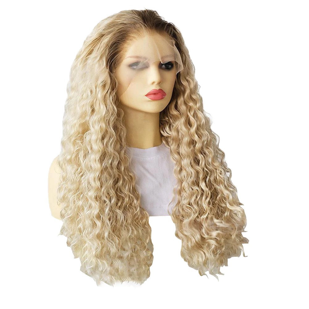 Vente de liquidation: petits cheveux bouclés brun doré de 18 à 26 pouces, cheveux synthétiques en dentelle frontale tissés à la main 13x4, adaptés aux perruques pour femmes