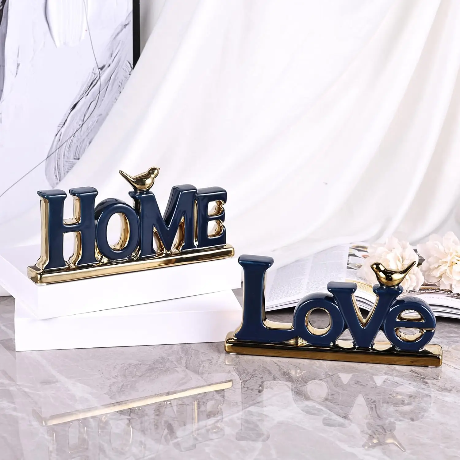 Decorazione del segno d'amore, estetica della decorazione della stanza blu e oro, mensola dello zaino in maglia, decorazioni per uccelli d'oro, libreria Boho, statua astratta in oro