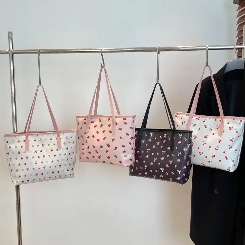 PU leather student backpack with large capacity, cherry-shaped bow print, waterproof, single-shoulder bag for girls