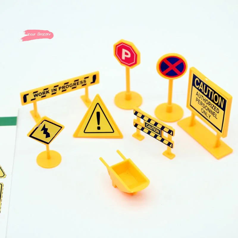8Pcs Miniature Dollhouse City Engineering Road Sign Yellow Traffic Model Simulation Ornament Doll House Accessories
