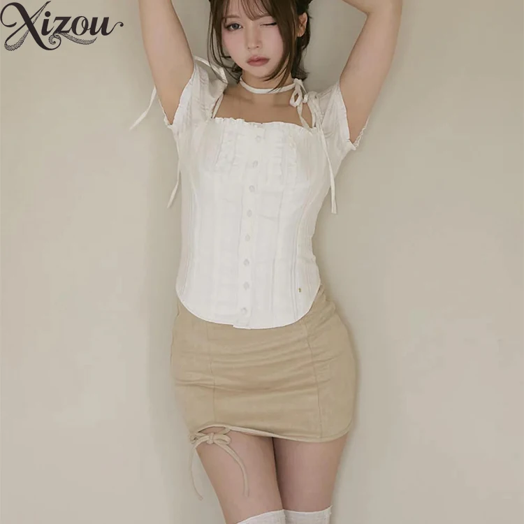 

Рубашка с коротким рукавом в японском стиле Blusas Mujer, однотонные женские топы на шнуровке, тонкие повседневные элегантные блузки на пуговицах спереди, Femme