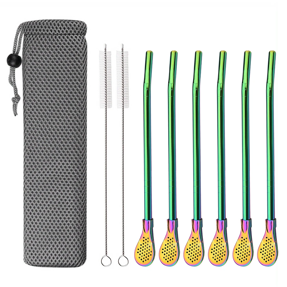 11 unids/set coloridos pajitas reutilizables de acero inoxidable lavables Yerba Mate cuchara filtro paja para accesorios de cóctel Bar