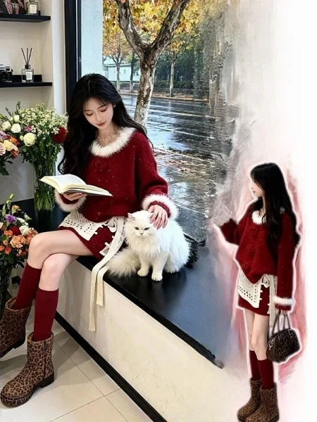

plus Size Cisas Aosphere Red Fluffy Sweater And Skirt Set Women's Winter Lazy Sle Faionable Versatile Outfit