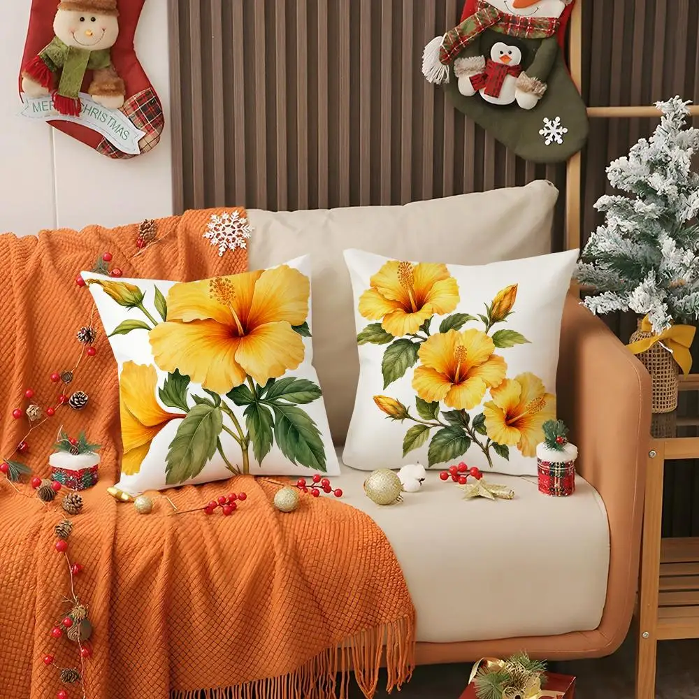 Yellow Hibiscus Cushion Cover Double-Sided Printed Bedroom Bedside Pillow Sofa Cushion Cover