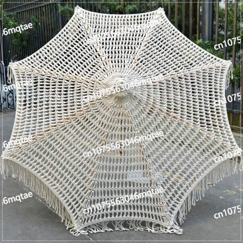 Bohemia Cotton Rope Parasols 2.5M Wooden Pole Handmade Tassels Woven Canopy Beach Umbrella with Macrame Fringe