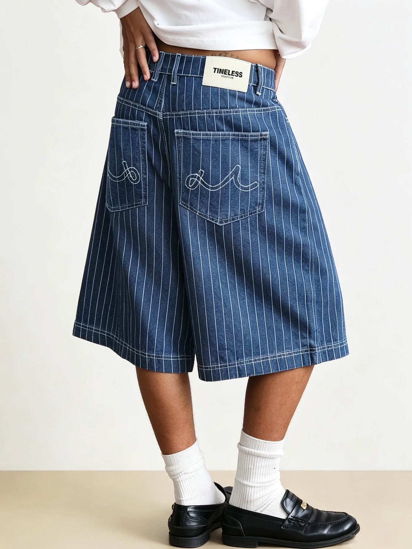 

2026 Summer Striped Italian Style Men Suit Shorts, Business Casual Denim Shorts with Embroidered Pockets