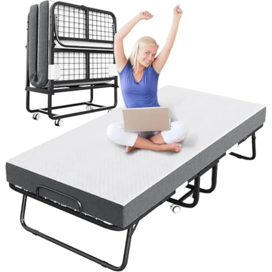 Portable folding bed for guest use, steel frame with 5 memory foam mattress, gray color, includes storage cover and wheels for