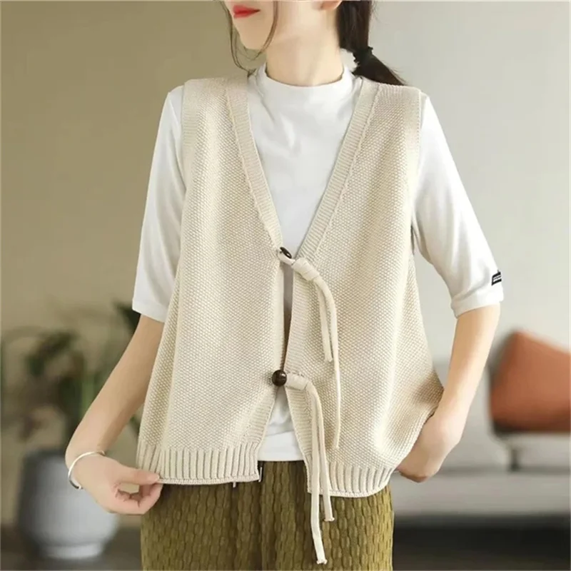 2024 Spring Autumn Restore Ancient Women\'s Sleeveless Knitting Sweater Vest Jacket Fashion V-Neck Cardigan Ladies Waistcoat