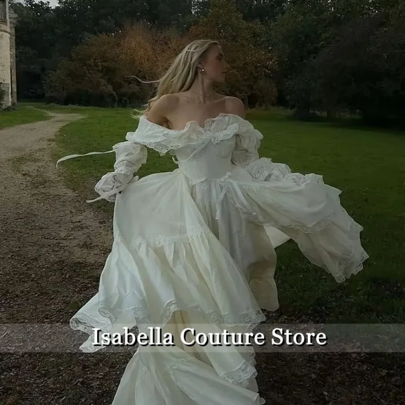 

Princess Wedding Party Dress Off Shoulder Full Sleeves Draped A-Line Floor Length Satin Eveninbg Gown Customized Pastrol