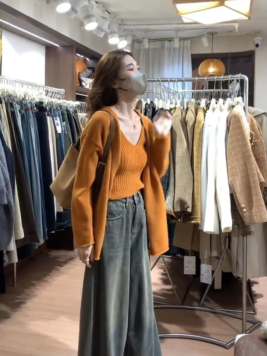 الخريف الشتاء المرأة سترة على شكل حرف v سترة مجموعة البرتقال الغروب اللون طبقات التخسيس Sle محبوك سترة طويلة Sve #5