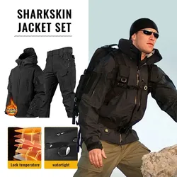 Men Thicken Soft Shell Winter Work Sharkin Storm Hooded Jacket Veet Hiking Clothing Fishing Two Piece Set Tracuit