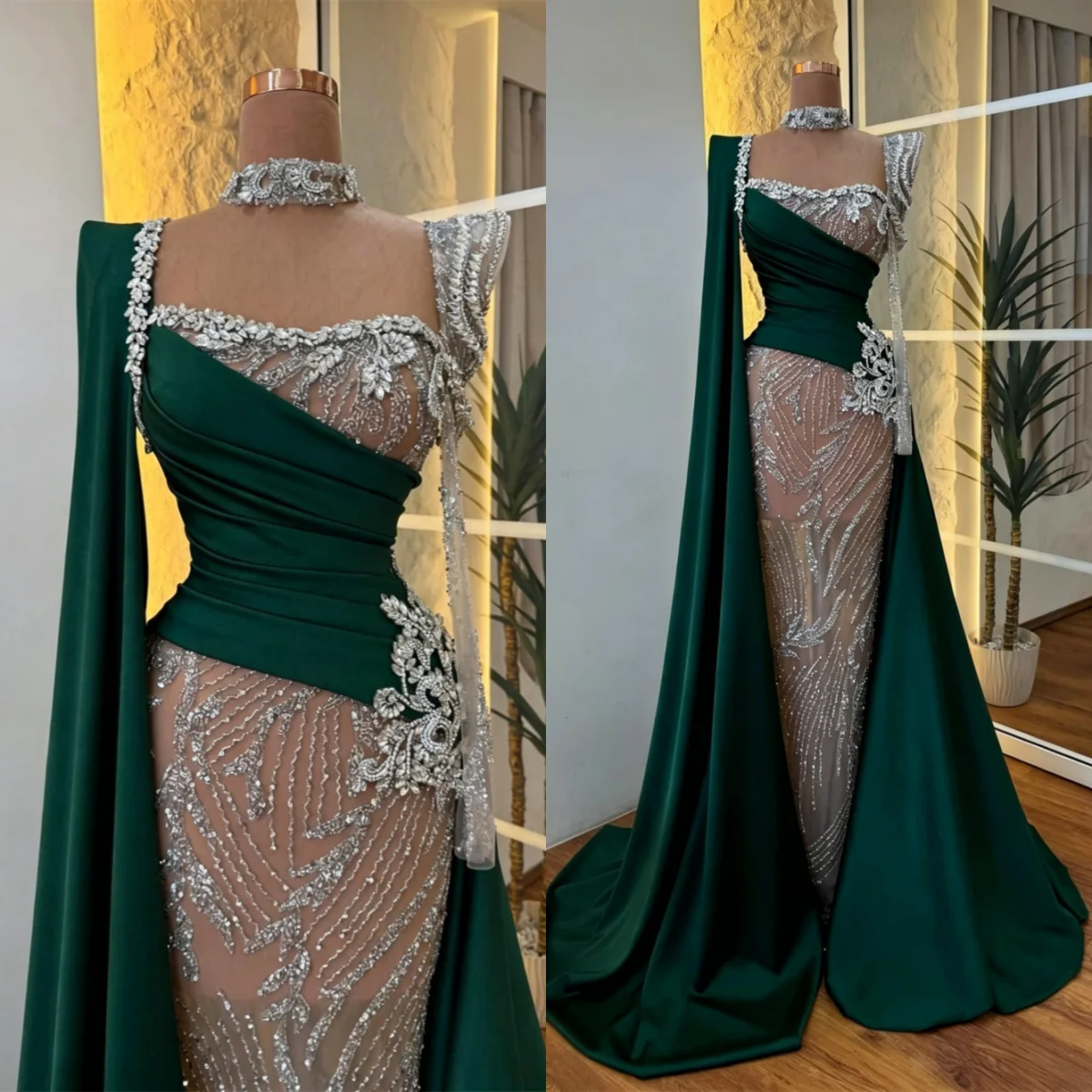 

Luxury Mermaid Evening Dresses Long Sleeve Square Neck Special Party Gowns Crystals Beaded Vestidos Gala Customized