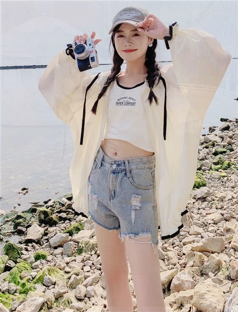 Women's New  Korean Fashion Nooded Sunscreen Clothing Female Summer Zipper Long Sleeve Loose Thin Breathability Sunscreen Jacket