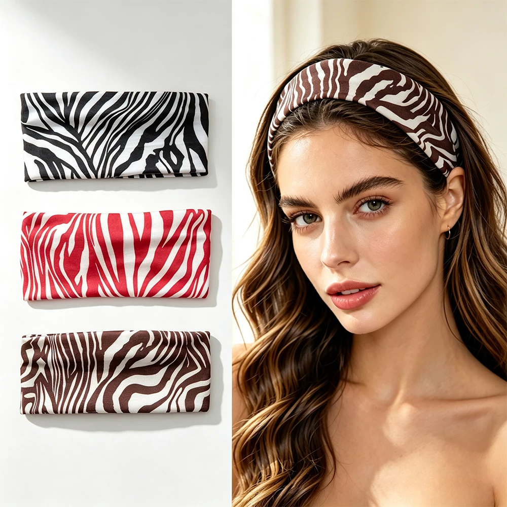 Ladies Wide Zebra Stripe Elastic Headwrap Sports Yoga Sweatband Women Fashion Hairband Daily Face Washing Makeup Hair Accessory