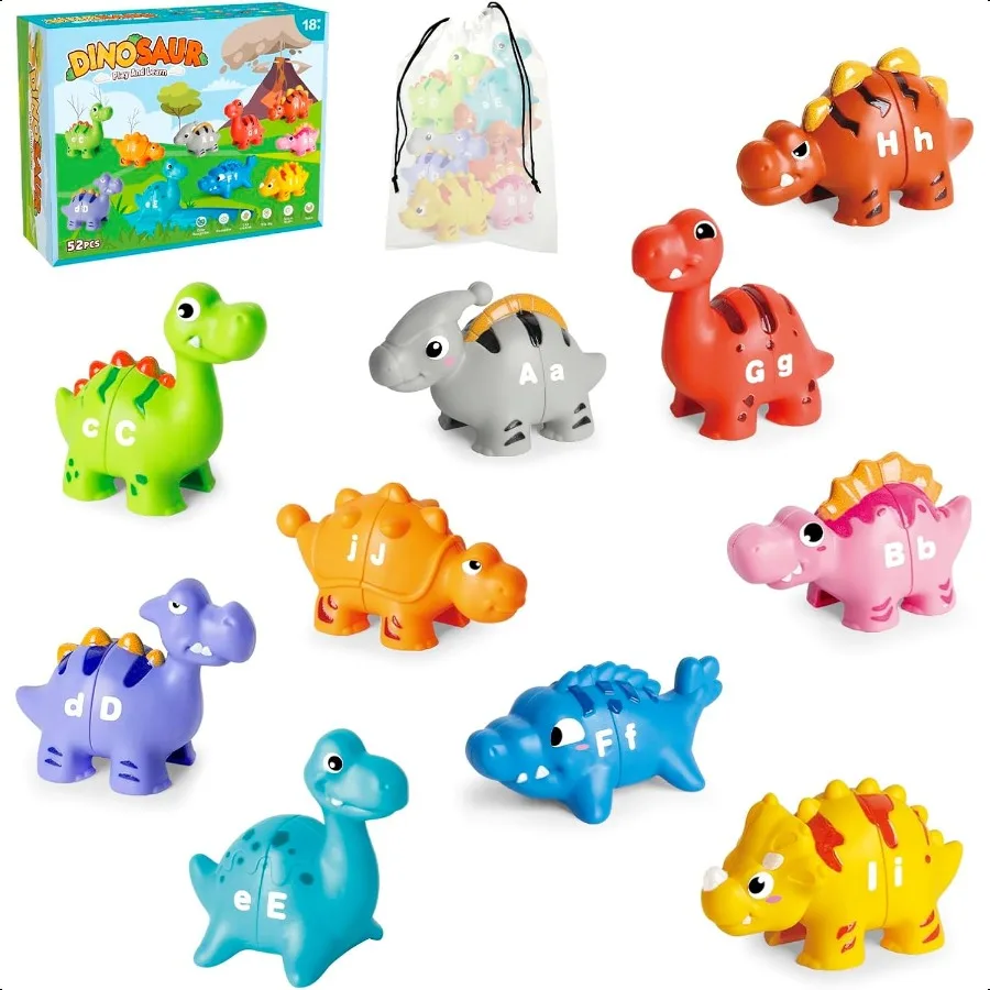 

52 шт. обучающие игрушки с алфавитом динозавра для малышей 35, 10, различные фигурки динозавров, двусторонняя игра в тон ABC, дошкольная A