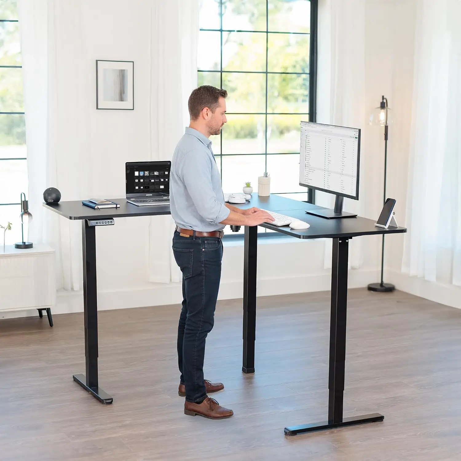Corner Standing Desk Electric L-Shape Height Adjustable 63x55 in 225 lbs Capacity Memory Preset Black Frame, Customized
