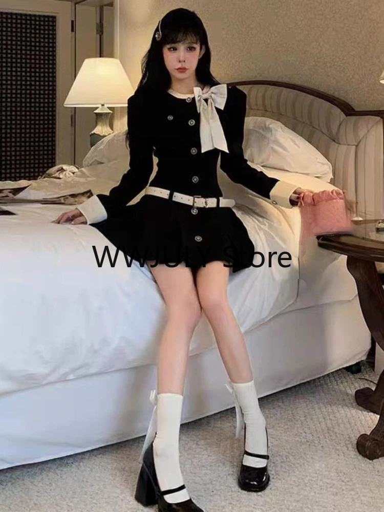 2023 Autumn Vintage Black Y2k Mini Dress Woman Short Party Korean Fashion Dress Office Lady Elegant Long Sleeve Casual Dress