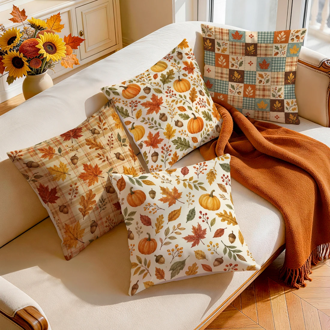 Grid Maple Leaf Pumpkin Pillowcase Printed Polyester 40/45/50cm Throw Pillowcover Decorative Sofa Cushion Pillowslip Home Decor