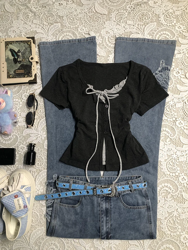 

Original Deep ey Sweet Sle Slimming ort Sve T-irt Women's Faionable Autumn Top Sweet Girl's Pure Color Cotton Blend