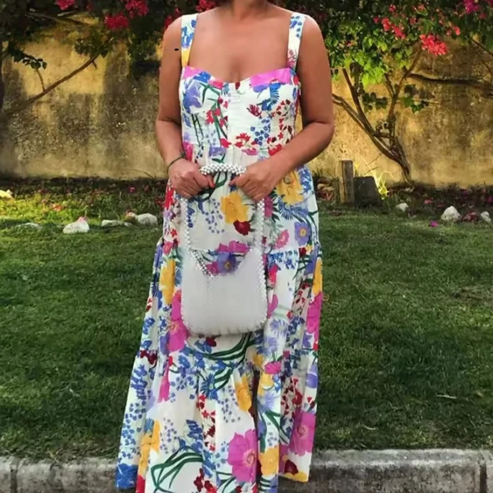 Kondala Chic 2023 Zomer Casual Vrouwen Bloemenprint Jurk Gedrapeerde Mouwloze Lange Geplooide Y2K Jurk Mode Vrouwen Vakantie Vestidos