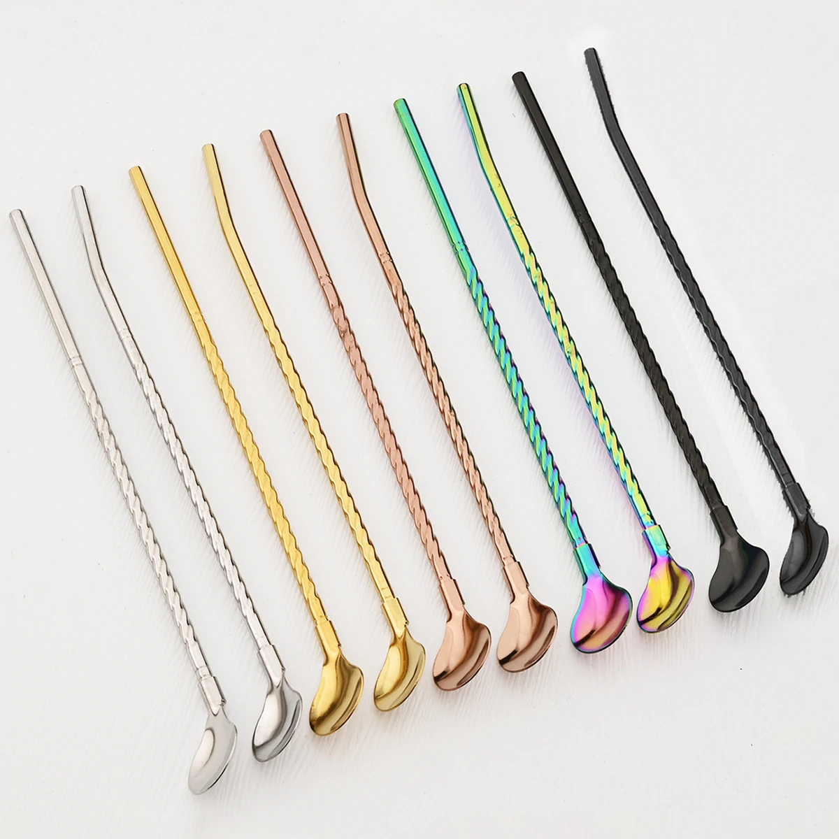 8pcs Milkshakes Cocktails Coffee Juice Straw Set 2-in-1 Stainless Steel Straw Spoon Set Reusable Drinking Straws Bar Accessories
