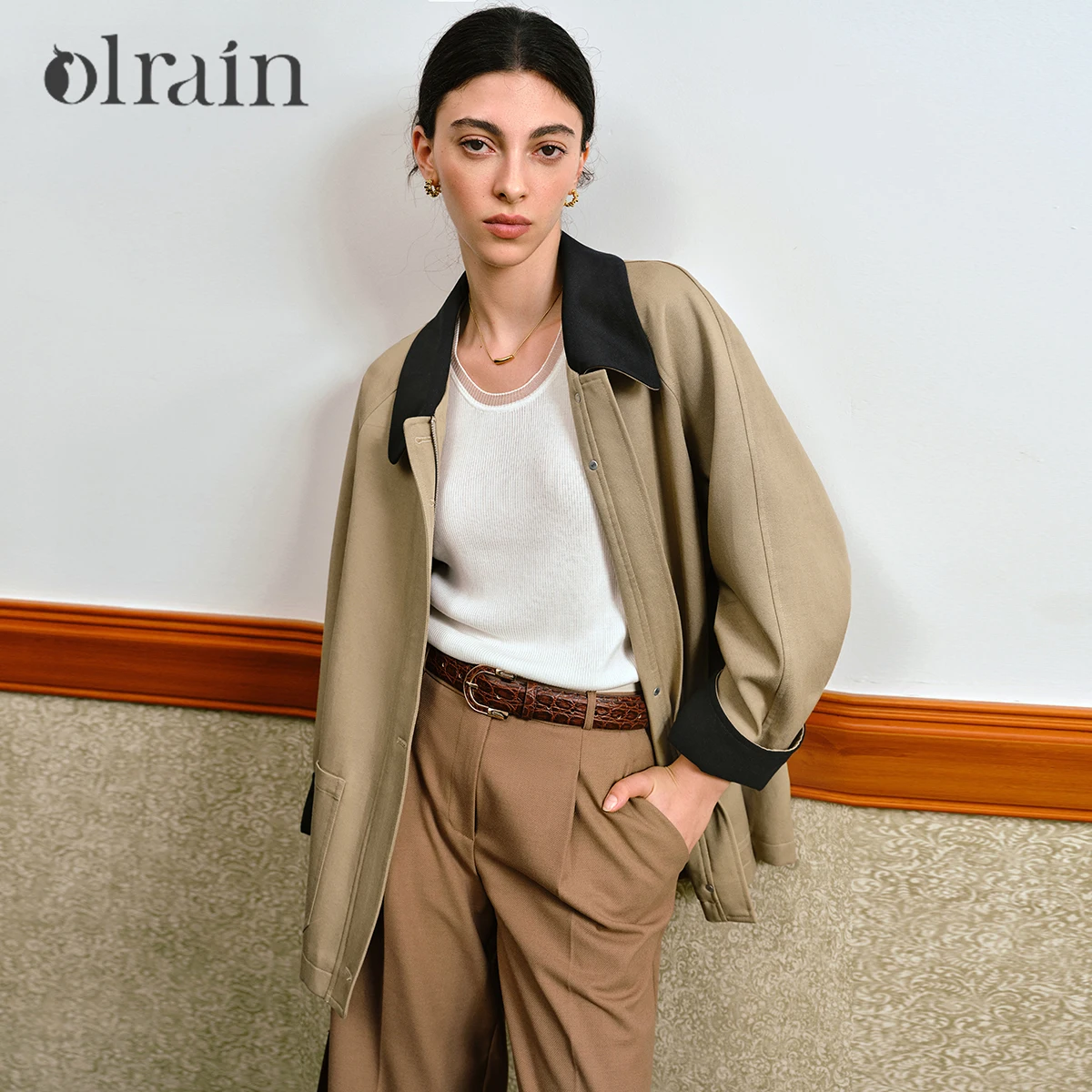 OLrain Women's Zip Up Jacket Autumn 2026 Patchwork Contrast Color Short Coat Commute Casual Ladies Long Sleeve Top GO57QF000589