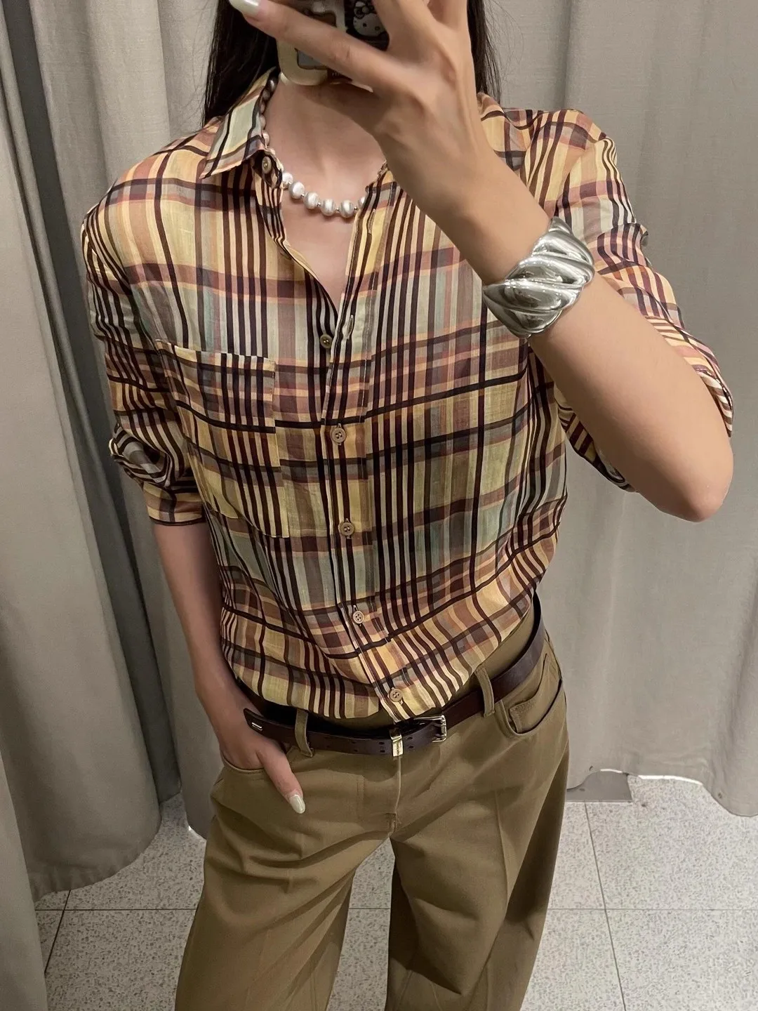 Rétro Sle femme longue Sve lin irt Protection solaire Plaid vêtements d'extérieur coupe ample pur coton régulier Sve