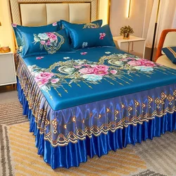 2/3 Pcs Bedding Classic Lace Royal Blue Bedspread Bed Skirt Machine Washable with Elastic Band for Queen King Size Sheets Bed