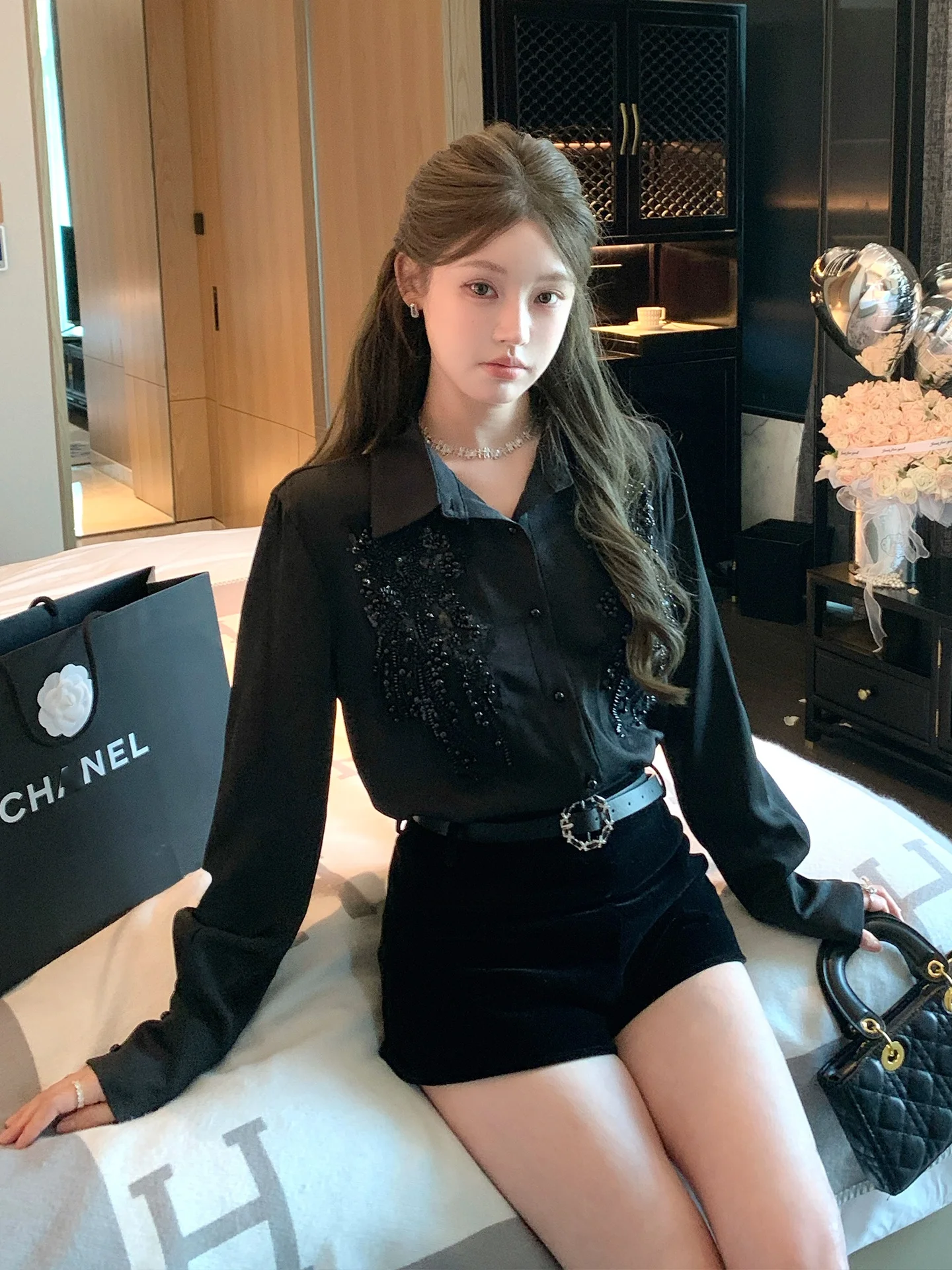 

Ele Bla Diamond Embellied Waist-Cinching irt FanyFloss Luxury Brand Women's irt Collar Long Sve Casual Top