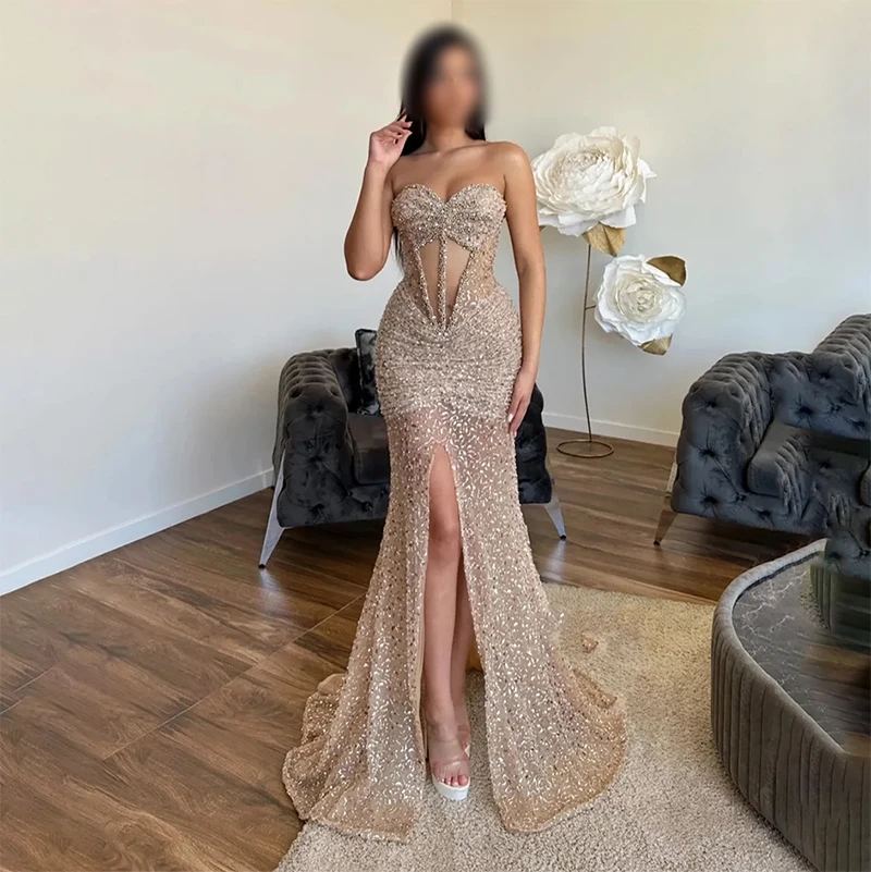 

Customized Champagne Colored Strapless Fishbone Waist Evening Dress Sexy Cut Out Charming Crystals Sequins Prom 2026