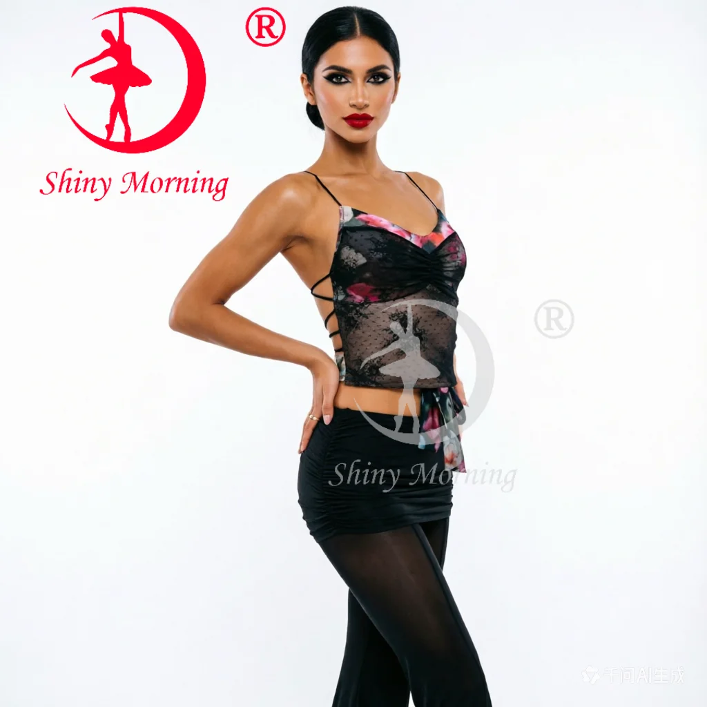zym-ダンスウェア夏ショートトップスレースアップバックレスベスト大人女性ルンバチャチャダンストップスラテン練習服