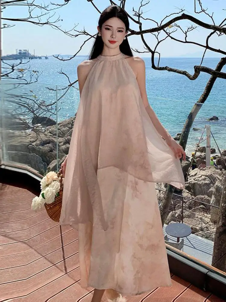 

Retro Women's Patchwork Mesh Elegant Irregular Halter Long Dress Summer Sleeveless Slim Off Shoulder Vacation Pleated Dress Chic