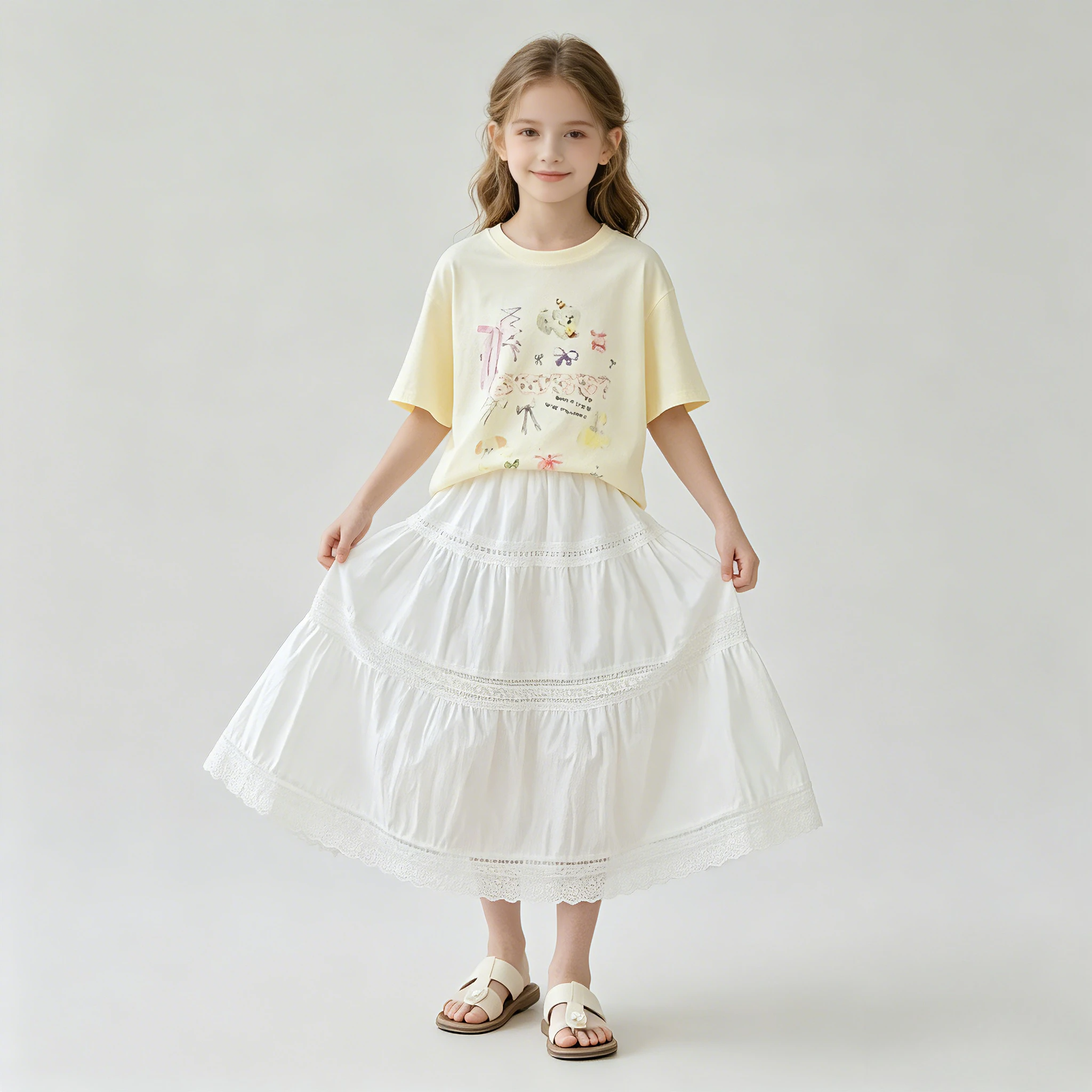 Girls 2Pcs Cartoon Print T-Shirt & Lace Tiered Maxi Skirt Set Casual Summer Outfit for Kids Daily School Birthday Party Costume