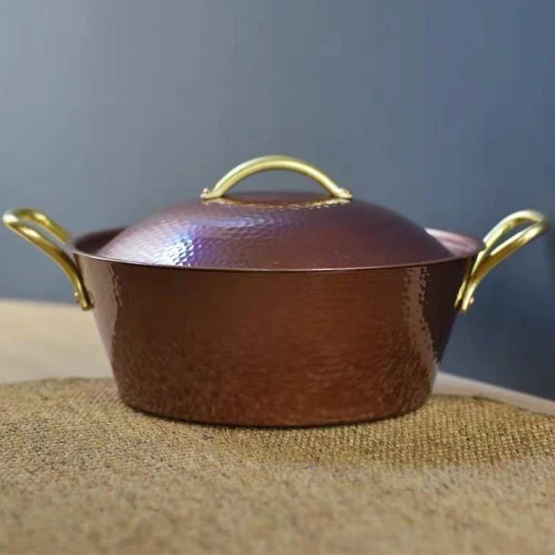 Handcrafted Vintage Copper Pot,Camping Thickened Pot With lid Cooking Utensil Simmering Pasta Stewing,24.5 cm Hammer Texture Pot