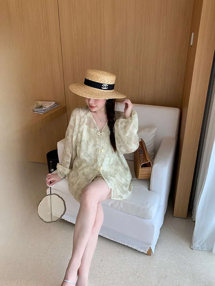 

EVNSLE Qingfengyun New Chinese Sle Buttoned Long Sve Sun Protection irt National Sle orts Set Women's Faion