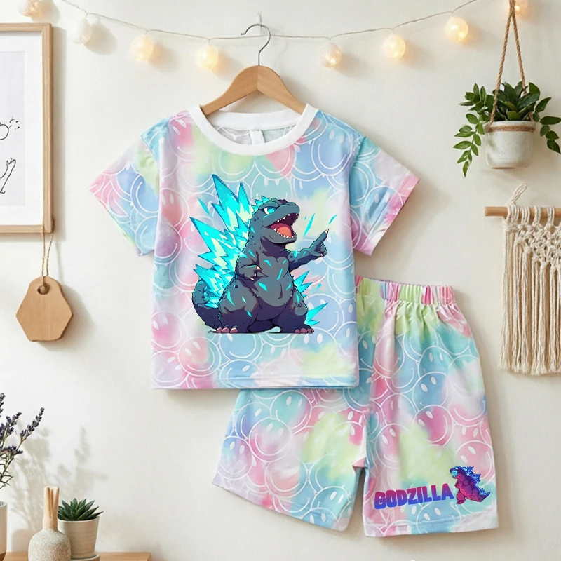 Godzilla Children T Shirt Sets Cartoon Cropped Smiley Face Two Piece Suit Boys Anime Character Summer Casual Clothing Kids Gifts