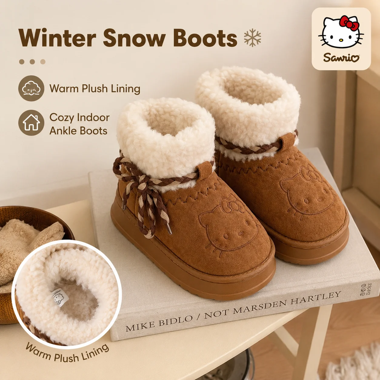 Sanrio Hello Kitty Winter Warme Dicke Fleece-Gefütterte EVA-Plattform Kurze Schneestiefel Tägliche Outdoor-Antirutsch-Damenstiefel für Kaltes Wetter