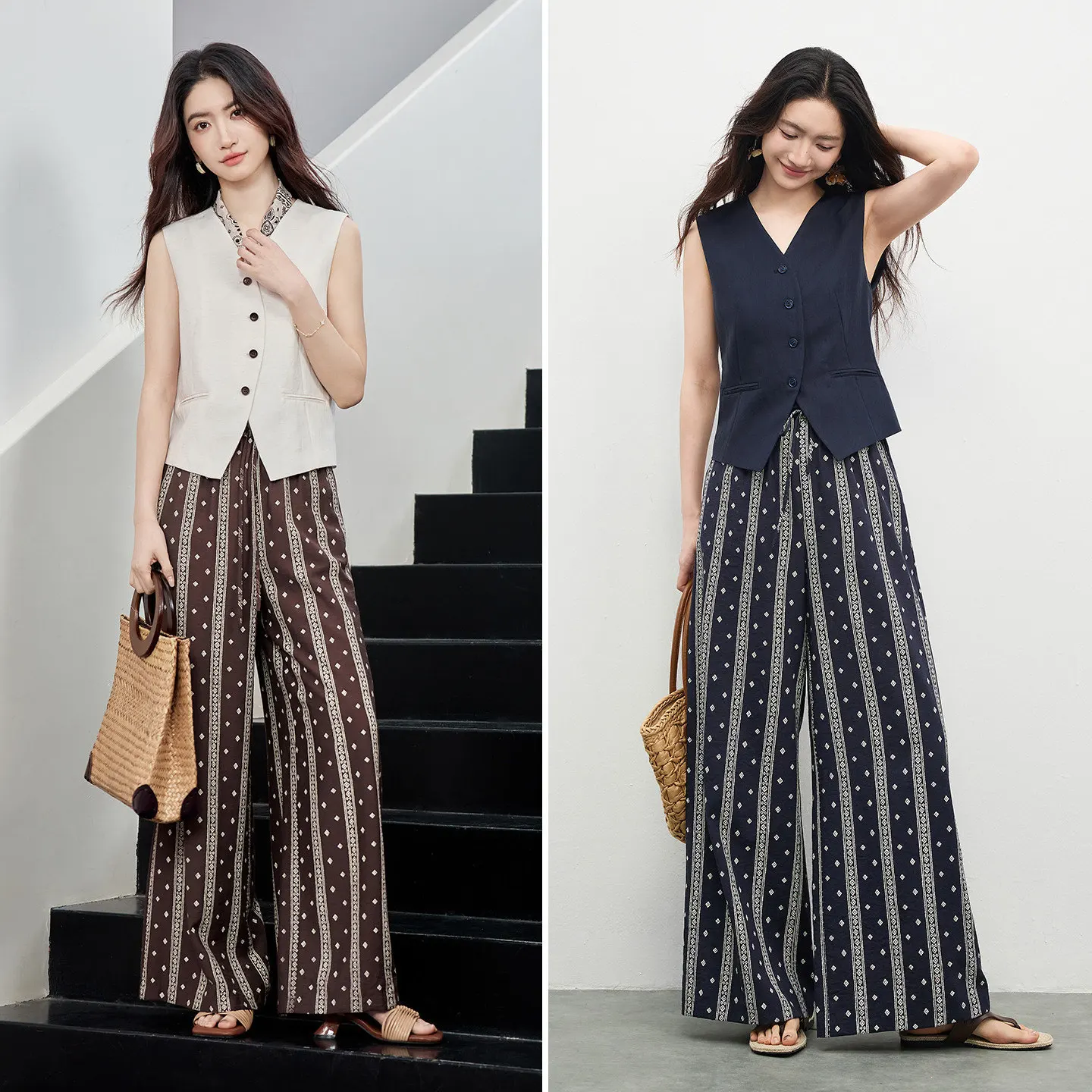 SENTUBILA Women 2 Piece Pant Set V-neck Lyocell Vest Bohemian Print Cotton Wide-leg Pants Woman 2026 Summer Outfits 162ZA5918Z