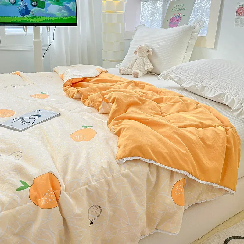 

Orange Summer Quilts Washable Lace Kids Adult Single Double Queen Size Bed Thin Comforter Cute Cartoon Blanket for Girft