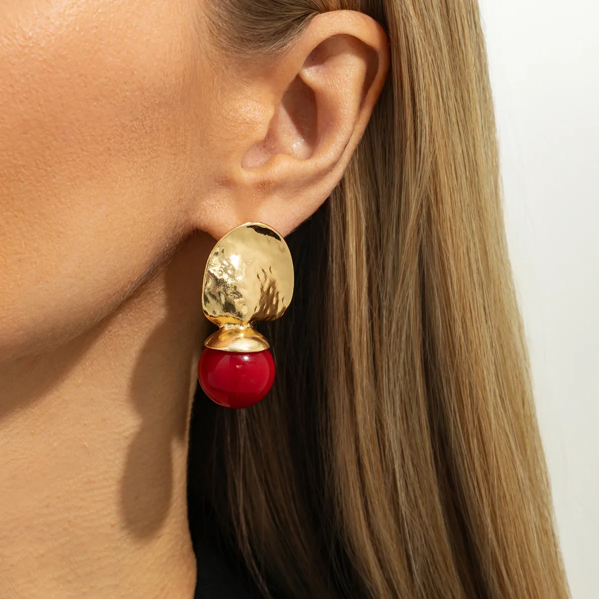 Vintage Geometric Irregular Statement Earrings with Red Beads