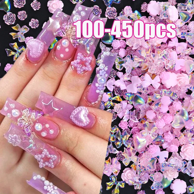 450/200pcs Pink Bow/Heart/Camellia 3D Nail Charms Valentine's Day Kawaii Resin Pink Nail Art Mixed Manicure Supplies &*&