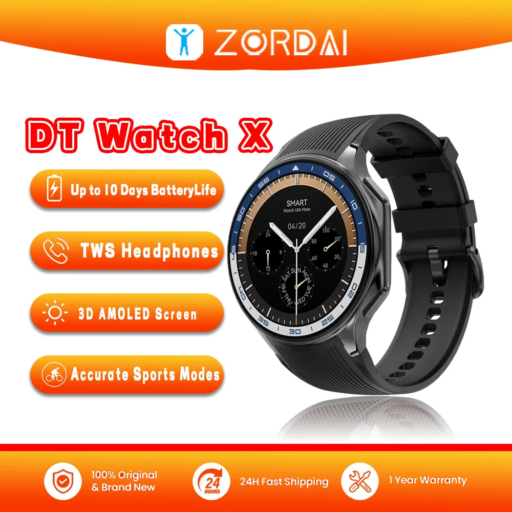 Zordai DT Watch X Smart Watch Men New 3D Amoled Screen AOD Mode Waterproof Smartwatch Wristwatch 4GB Video Music Wireless Charge