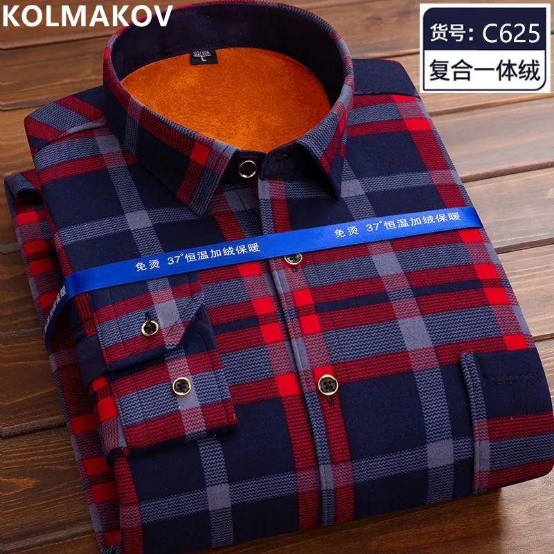 2023 Autumn and Winter New Men\'s Casual Slim Long-Sleeved Shirt Men\'s Cashmere Thickened Warm High-Quality Plaid Shirt M-5XL