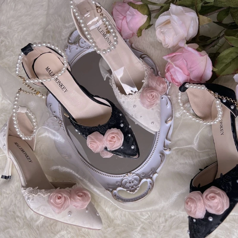 Japanese Sweet Pink Lolita Stiletto Heels Women Kawaii Rose Flower Pearl Pointed Tip Mary Jane Shoes Y2k Handmade Birthday Party