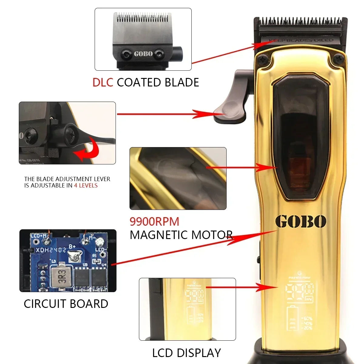 GOBO المهنية مقص الشعر للرجال 9900 دورة في الدقيقة محرك مغناطيسي LCD آلة قطع USB قاعدة شاحن DLC آلة تشذيب الشفرة