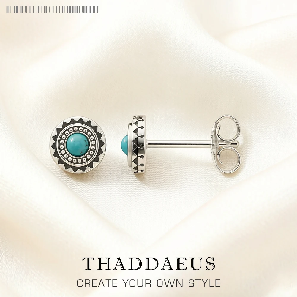 

Round Turquoise Ethno Studs Earrings Pure 925 Sterling Silver Vintage Jewerly Gift For Women Men