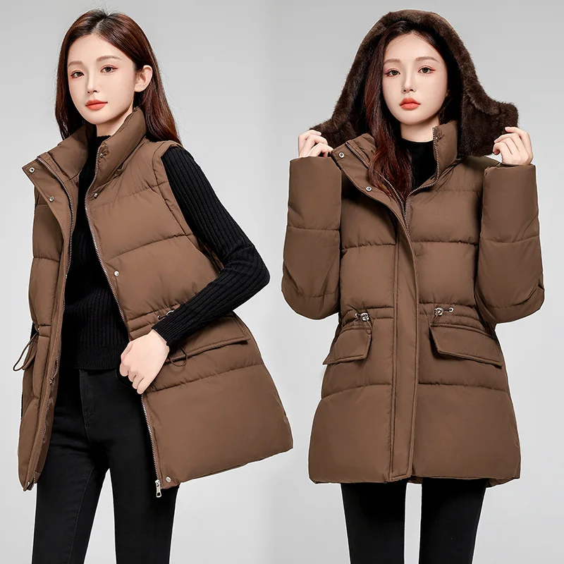 New Women's Removable Plush Cap Down Cotton Jacket Winter Warm Padded Jacket Female Korean Removable Sleeve Warm Cotton Jacket